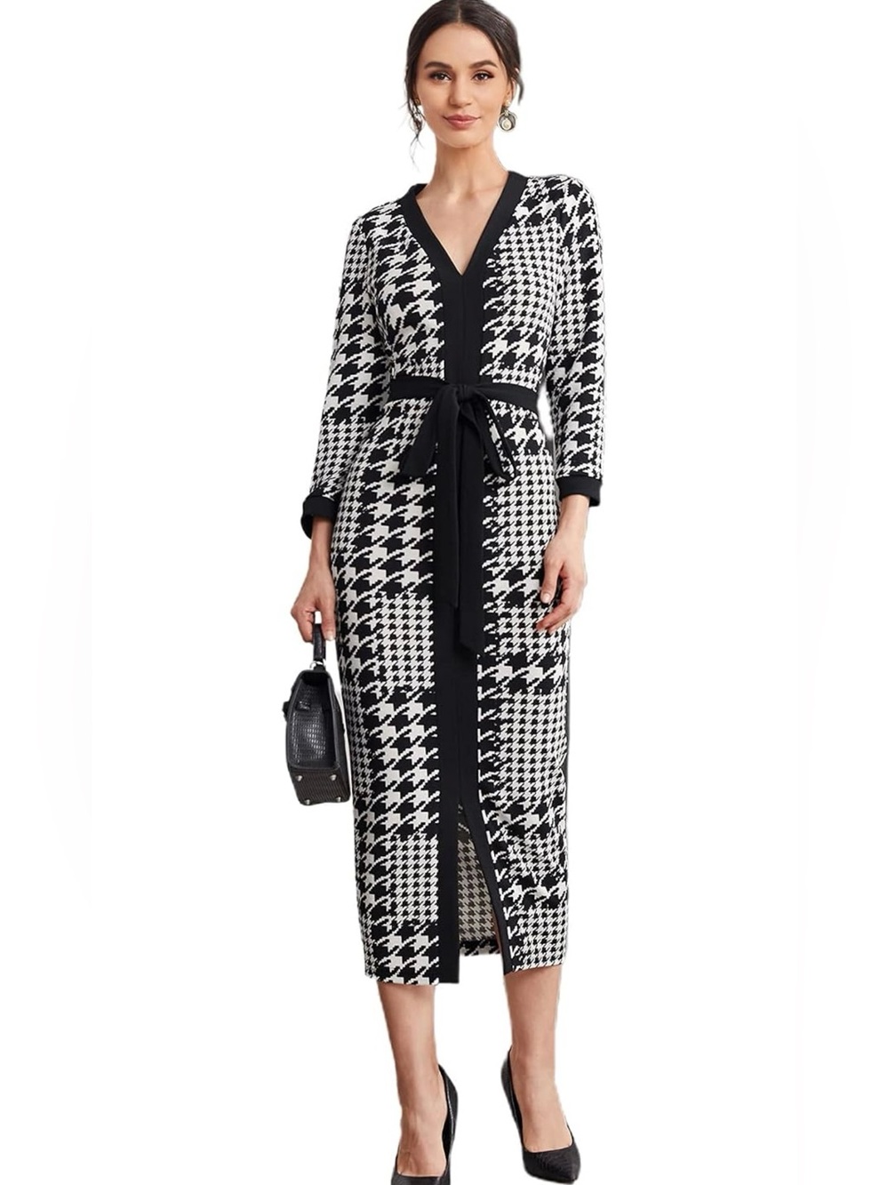 Black & White Houndstooth Midi Dress with Tie Waist